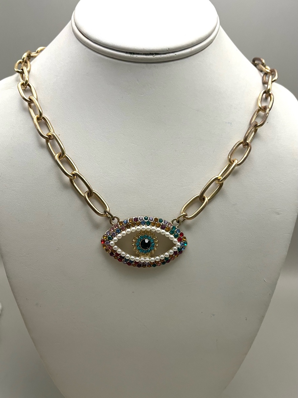 Gold Evil Eye Necklace Rainbow Rhinestone Pearl Chunky Paperclip Chain Boho